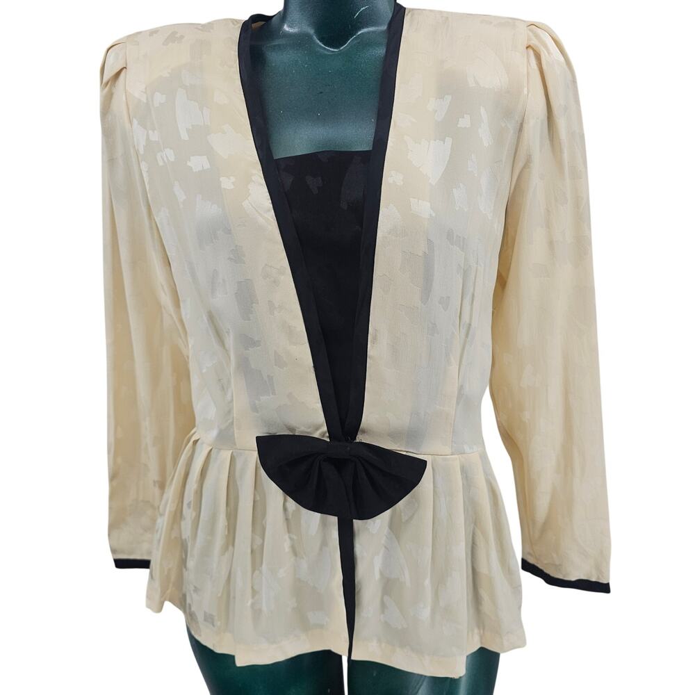 Vintage Johnathan Martin Peplum Waist Silk Blouse Top Cream Black Bow 8 4164